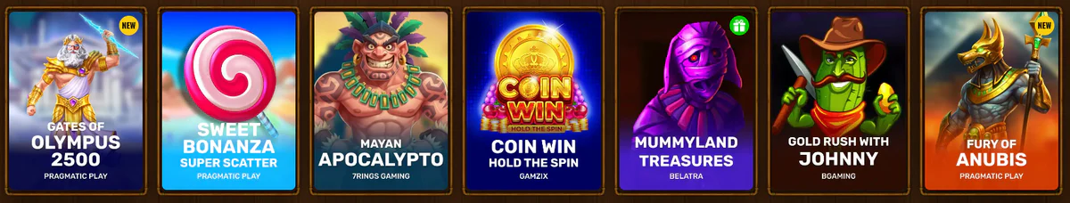 Asino Casino overzicht van populaire slots zoals Gates of Olympus 2500, Sweet Bonanza Super Scatter, Mayan Apocalypto en Fury of Anubis