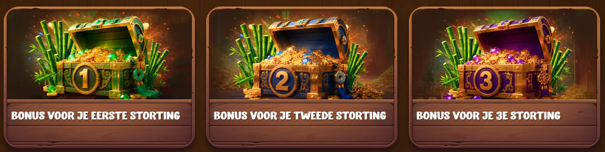 Asino Casino welkomstbonussen voor de eerste, tweede en derde storting met schatkisten vol gouden munten en edelstenen